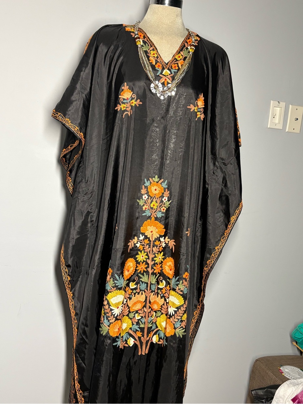 Black Embroidered Maxi Dress with Orange Floral Motif One Size